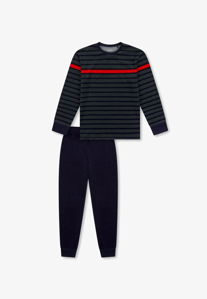 Herren-Loungewear-Set mit einem langärmeligen gestreiften Oberteil in Dunkelgrau und Rot, kombiniert mit einfarbigen, dunkelblauen Hosen. 100 % Baumwolle.