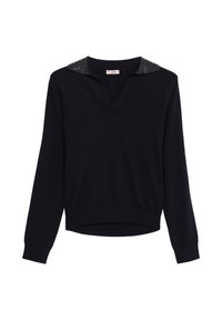 Zwarte lange mouw sweater met V-hals en kraag versierd met kleine glanzende zwarte kralen.
