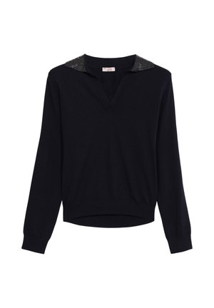 Zwarte lange mouw sweater met V-hals en kraag versierd met kleine glanzende zwarte kralen.