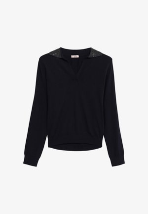 Zwarte lange mouw sweater met V-hals en kraag versierd met kleine glanzende zwarte kralen.