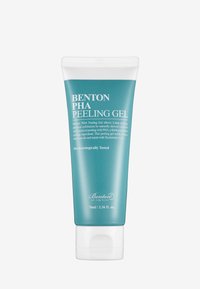 Turkos rör av Benton PHA Peeling Gel, 70 ml, med ett vitt flip-top lock. Etiketten visar produktnamnet och bruksanvisning i vit text.