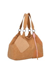 Tanskleurige handtas met een zachte textuur, voorzien van lichtbruine vlekken, zilverkleurige hardware en een roze acc cord aan de zijkant. Dubbele handvatten.