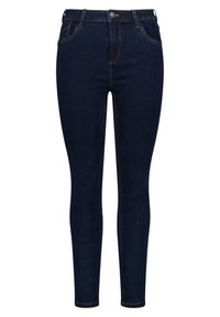 Jean skinny bleu foncé en denim, comprenant cinq poches, des coutures discrètes, une fermeture à bouton à l'avant et une texture lisse.