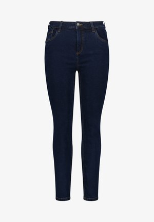 Donkerblauwe skinny jeans van denim, met vijf zakken, subtiele stiksels, een sluiting met een knoop aan de voorkant en een gladde textuur.