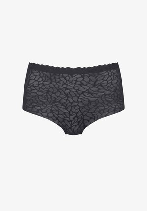 Culotte en dentelle noire avec un motif floral, une taille ondulée et une texture douce et translucide. Ouvertures de jambe arrondies pour le confort.