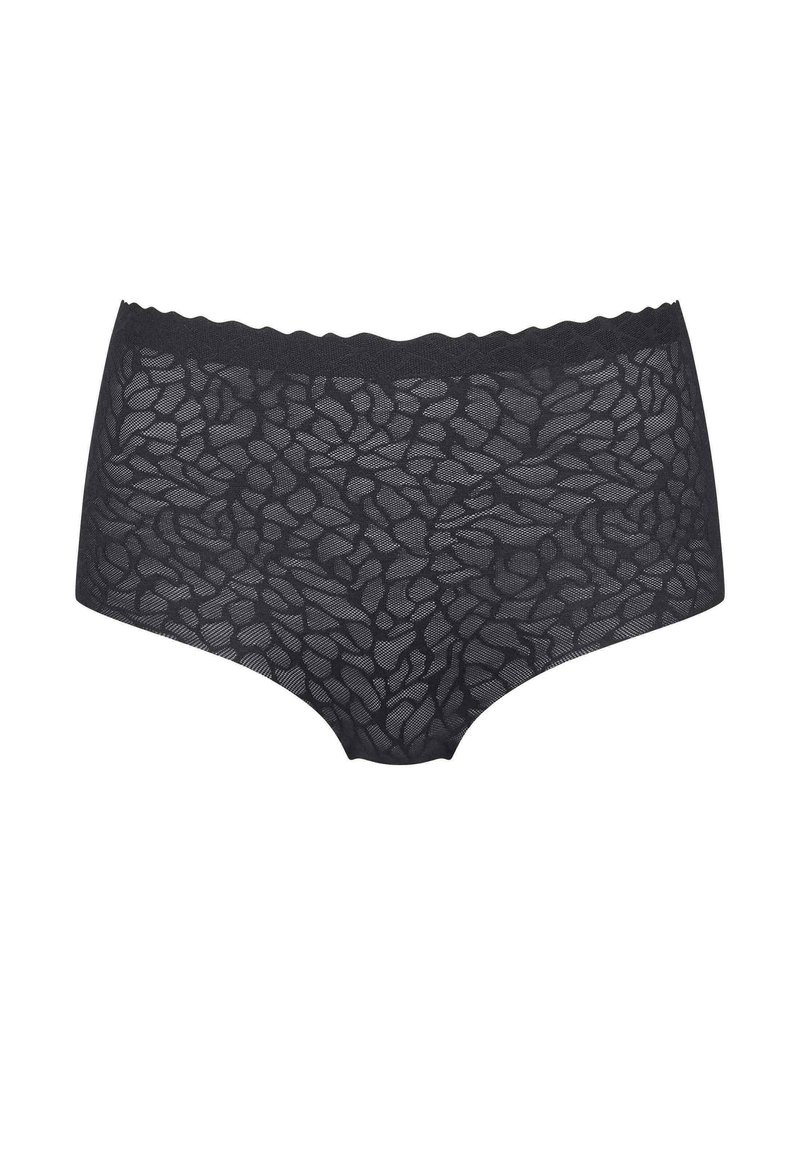 Czarne koronkowe figi typu hipster z wzorem kwiatowym, falbaniastego pasa i miękkiej, przezroczystej faktury. Zaokrąglone otwory na nogi dla wygody.