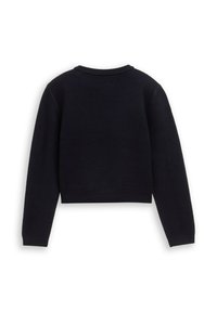 Czarny krótki sweter z długimi rękawami, prążkowym dekoltem i mankietami, wykonany z miękkiego dzianinowego materiału, prezentujący jednolity kolor bez wzorów.