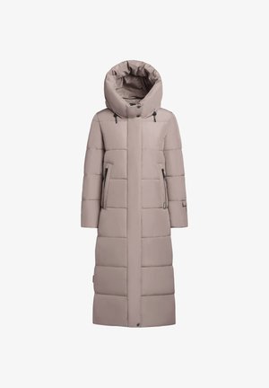 Dlouhý nadýchaný kabát v světle béžové barvě s vysokým límcem a velkou, nastavitelnou kapucí. Disponuje bočními kapsami na zip a horizontálním prošíváním.