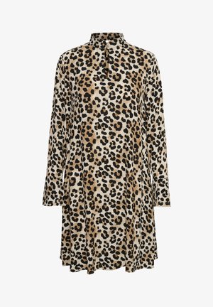 Leopard print dress in beige, black, and brown, featuring a high collar, button detail at the neck, and long sleeves with flared cuffs.
