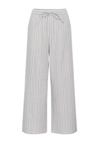 Hlače širokih nogavica od laganog materijala s vertikalnim prugama u bež, plavoj i pastelnoroza boji. Podesivi pojas i mekana tekstura.