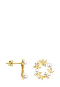 Goldene Ohrringe mit floralem Design, verziert mit Perlenakzenten und funkelnden klaren Steinen. Enthält einen Stecker und ein rundes Element.