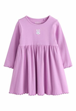 Lilac long-sleeve baby dress with gathered skirt and small white bunny face embroidered on the chest.