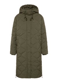 Stepp-Parka in Olivgrün mit Kapuze, Fronttaschen und Tunnelzug in der Taille, mit geradem Schnitt und kontrastierenden Steppnähten.