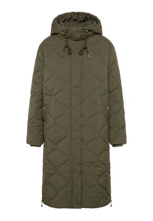 Stepp-Parka in Olivgrün mit Kapuze, Fronttaschen und Tunnelzug in der Taille, mit geradem Schnitt und kontrastierenden Steppnähten.