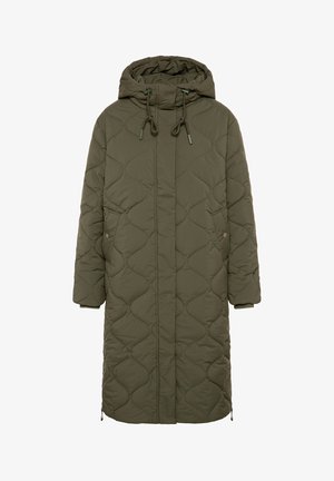 Stepp-Parka in Olivgrün mit Kapuze, Fronttaschen und Tunnelzug in der Taille, mit geradem Schnitt und kontrastierenden Steppnähten.