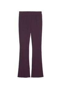 Lila utsvängda byxor gjorda av mjukt, stretchigt material. Har en elastisk midja för komfort och en slät, oavbruten yta.