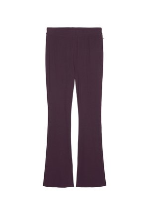 Lila utsvängda byxor gjorda av mjukt, stretchigt material. Har en elastisk midja för komfort och en slät, oavbruten yta.