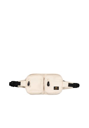 Beige Bauchtasche mit zwei vorderen Reißverschlusstaschen und einem verstellbaren schwarzen Gurt mit seitlichem Schnallenverschluss.