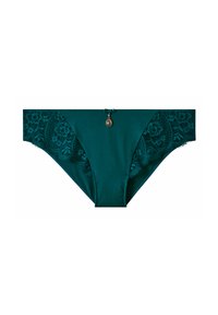 Sous-vêtements teal avec des accents en dentelle sur les côtés, texture lisse, détail de nœud à l'avant, et un petit pendentif.