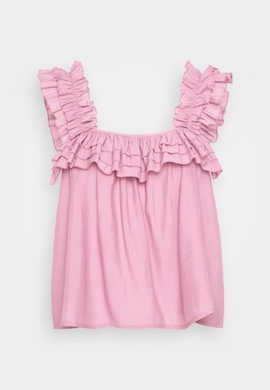 Haut rose clair avec des manches et un col volantés. Tissu doux, coupe décontractée et design froncé. Ourlet simple avec des fentes sur les côtés en bas.