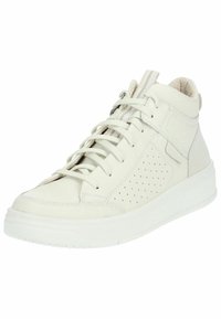 Hochschnittige Sneaker aus hellbeigem Leder mit perforierten Details, flacher weißer Sohle und flachen Schnürsenkeln. Mit einer Schlaufe am Kragen.