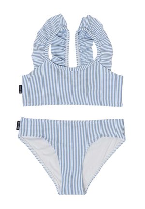 Blau-weiß vertikal gestreifter zweiteiliger Badeanzug mit gerafften Schulterträgern und Seaside-Markenetiketten auf beiden Teilen.