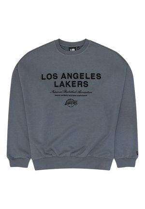 Felpa grigia con la scritta "LOS ANGELES LAKERS" ricamata in nero. Texture liscia con polsini e fondo a costine. Include il logo della squadra.
