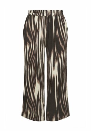 Pantaloni a gamba larga con cintura elastica, caratterizzati da un motivo a strisce astratte di zebra nero e bianco fluidi.