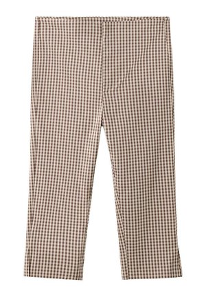 Pantalones de pierna recta con cuadros marrones y blancos, con cintura alta y sin bolsillos ni botones visibles, mostrados planos sobre fondo blanco.