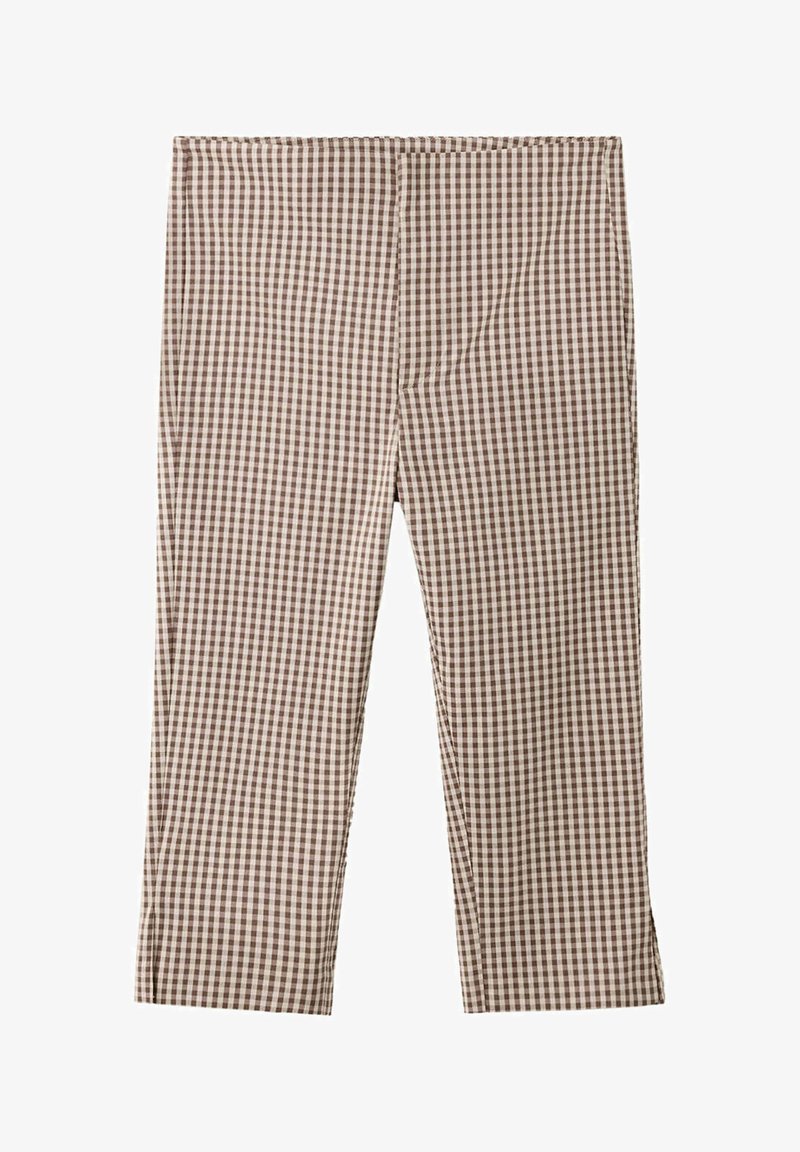 Pantalon droit à carreaux marron et blanc avec une taille haute et sans poches ni boutons visibles, présenté à plat sur fond blanc.
