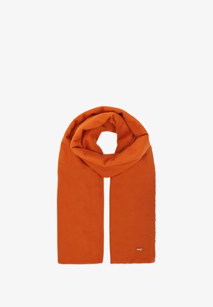 Oranje sjaal gemaakt van zacht materiaal, langgerekte rechthoekige vorm, met rafelige randen en een klein logo-accent aan de ene kant.