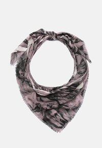 Lightweight, triangular scarf in shades of pink and black with floral patterns; edges are finished with a delicate fringe detail.