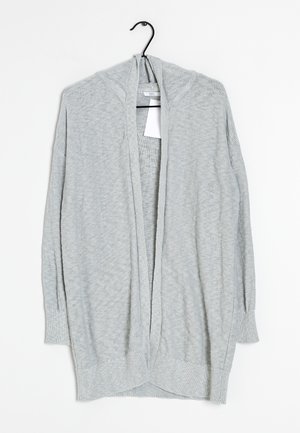 Cardigan ouvert gris clair avec un tricot texturé, des manches longues et une coupe décontractée. Comprend une capuche ainsi que des poignets et unourlet côtelés.