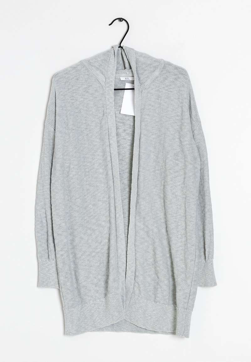 Cardigan aperto grigio chiaro caratterizzato da un maglione testurizzato, maniche lunghe e una vestibilità rilassata. Include un cappuccio e polsini e orlo a costine.