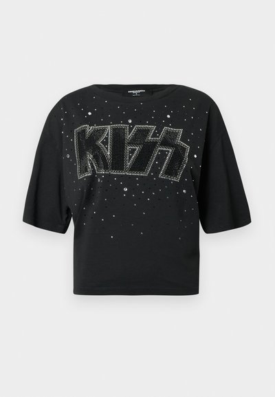 Black short-sleeve t-shirt made of cotton, featuring a large rhinestone-studded "KISS" logo and scattered rhinestones on the surface.