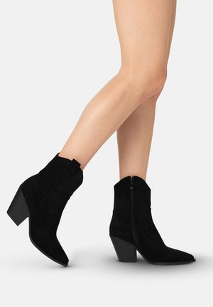 Gambe che indossano stivaletti in suede nero con punte appuntite e tacchi a blocco, un piede sollevato leggermente da terra.