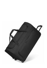 Schwarze Rollreisetasche mit oberen Griffen, robustem Reißverschluss, Seitentaschen und glatten Rollen. Hergestellt aus strapazierfähigem Stoff mit einer strukturierten Oberfläche.