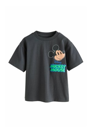 Schwarzes kurzärmeliges T-Shirt mit einem bunten, lächelnden Mickey-Maus-Gesicht und dem Schriftzug „Disney Mickey Mouse“ auf der Vorderseite.