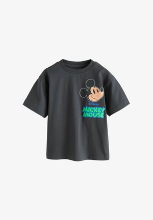 Schwarzes kurzärmeliges T-Shirt mit einem bunten, lächelnden Mickey-Maus-Gesicht und dem Schriftzug „Disney Mickey Mouse“ auf der Vorderseite.
