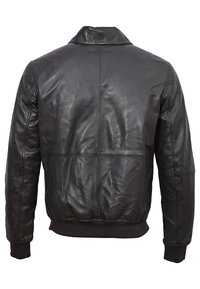 Schwarze Lederbomberjacke mit einem Kragen, gerippten Bündchen und einer glatten Textur, die durch ausgeprägte Nahtdetails auf dem Rücken gekennzeichnet ist.