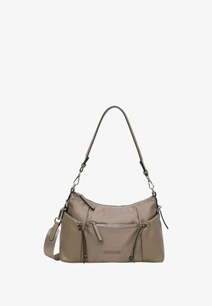 Bolso de mano de nailon beige con forma curva, doble asa y bolsillos con cremallera. Presenta cinchas ajustables en los laterales y un detalle del logo en la parte frontal.