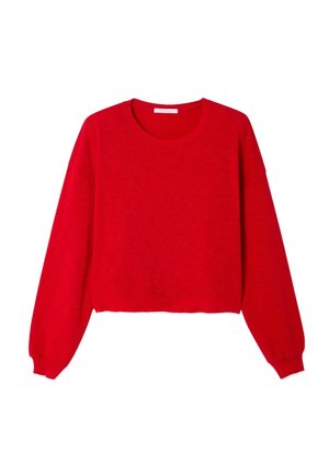 Sarkans saīsināts džemperis ar apaļu kakla izgriezumu, garām piedurknēm un ribveida aprocēm. Audums izskatās mīksts un teksturēts.