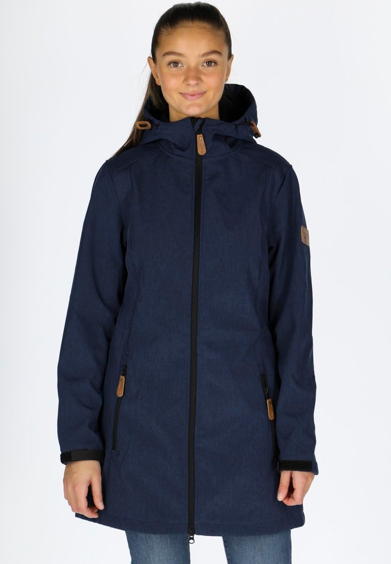 Navy blue jacket with a hood, zippered front, side pockets, and brown accents. Made of textured fabric, featuring a flattering long cut.