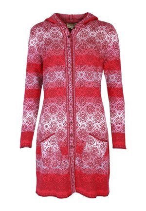 Rot-weiße gemusterte Hoodie-Cardigan mit Knopfverschluss, zwei Taschen und floralem Design. Weicher, gestrickter Textil.