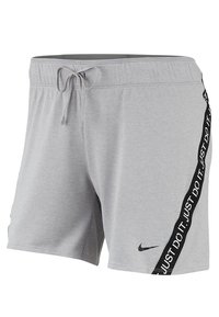 Pantalones cortos deportivos grises con cintura ajustable, que presentan franjas laterales negras con el texto "JUST DO IT" y un pequeño logotipo negro de Nike.