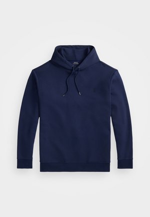 Navy blue hoodie made of soft fabric, featuring a drawstring hood, ribbed cuffs, and hem, with a small logo on the chest.