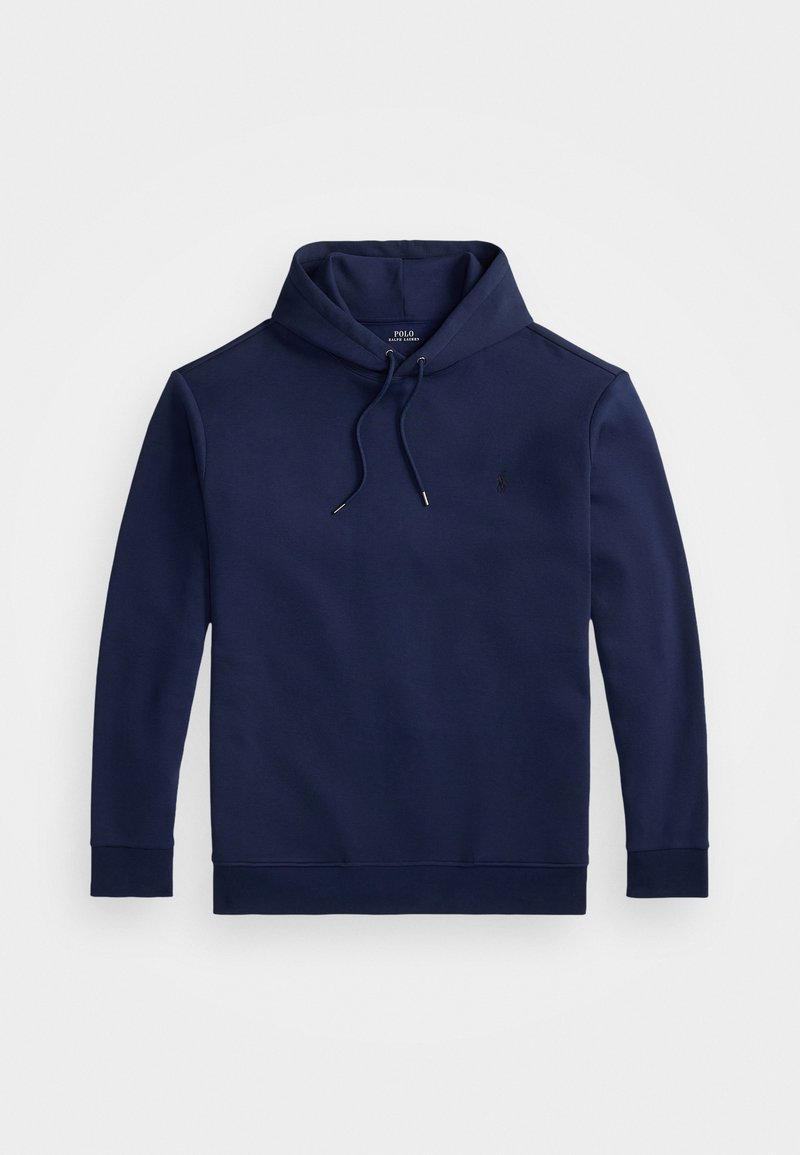 Granatowy hoodie z miękkiego materiału, z kapturem na sznurku, ściągaczami przy rękawach i dolnej krawędzi, z małym logo na piersi.