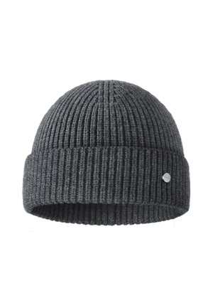 Gray knitted beanie with a ribbed texture, fold-over cuff, and a small metal logo accent on the side.