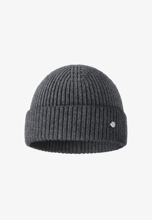 Gray knitted beanie with a ribbed texture, fold-over cuff, and a small metal logo accent on the side.