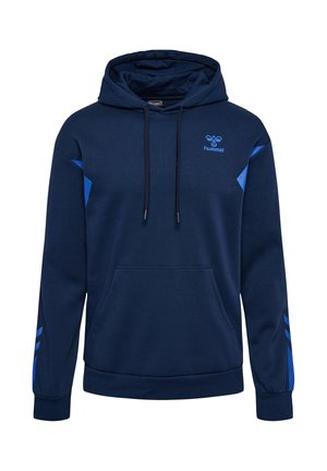 Marineblaue Kapuzenjacke mit Fronttasche, verstellbarem Kordelzug an der Kapuze und blauen geometrischen Akzenten auf Schultern und Ärmeln, mit einem hummel-Logo.